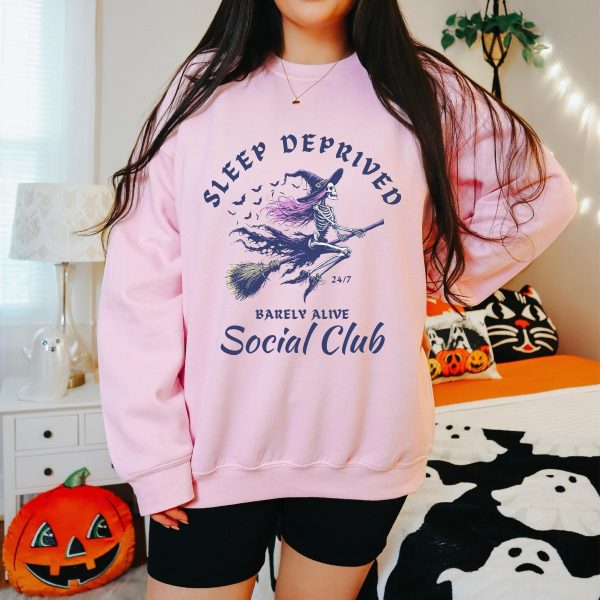 Sleep Deprived Barely Alive Halloween Sweatshirt Social Club Spooky Season Sweater Skeleton Witch Chronic Fatigue Spoonie Gift For New Mom