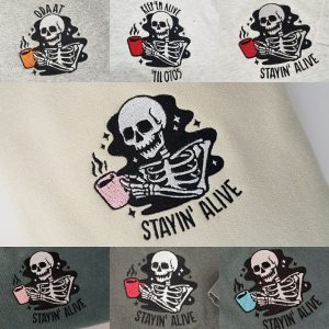 staying alive shirt trendy coffee shirt halloween skeleton coffee tee funny skeleton t shirt personalized embroidered comfort colors 2 hAdw2