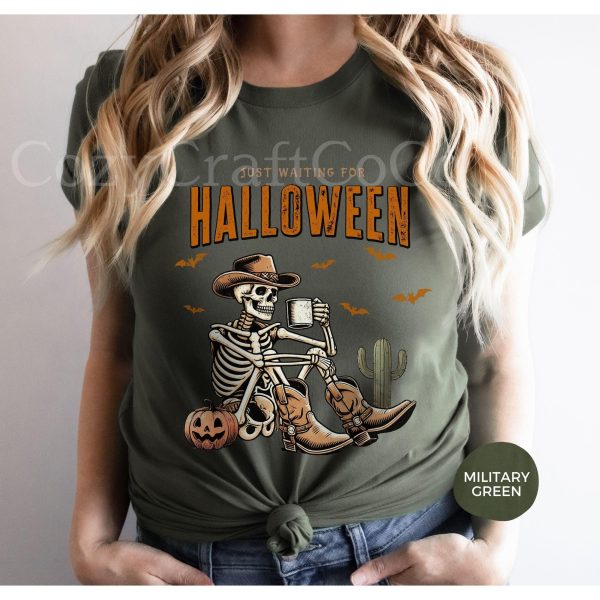 Western Cowboy Skeleton Coffee Shirt, Just Waiting for Halloween Tee, Coffee Lovers Gift, Funny Skull Vintage Tshirt, Holiday Fall Crewneck