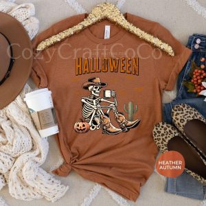 western cowboy skeleton coffee shirt just waiting for halloween tee coffee lovers gift funny skull vintage tshirt holiday fall crewneck 3 XzRSG