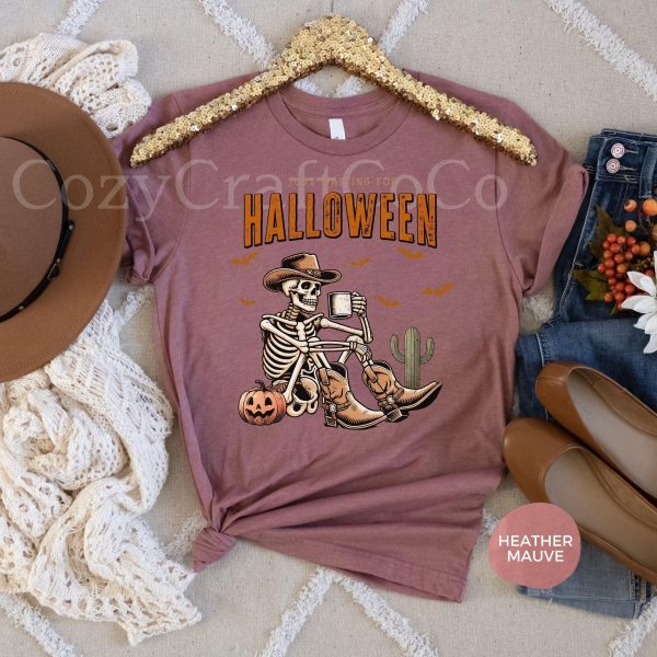 Western Cowboy Skeleton Coffee Shirt, Just Waiting for Halloween Tee, Coffee Lovers Gift, Funny Skull Vintage Tshirt, Holiday Fall Crewneck